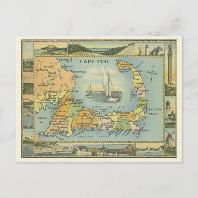 Vintage map of Cape Cod, Massachusetts Postcard | Zazzle