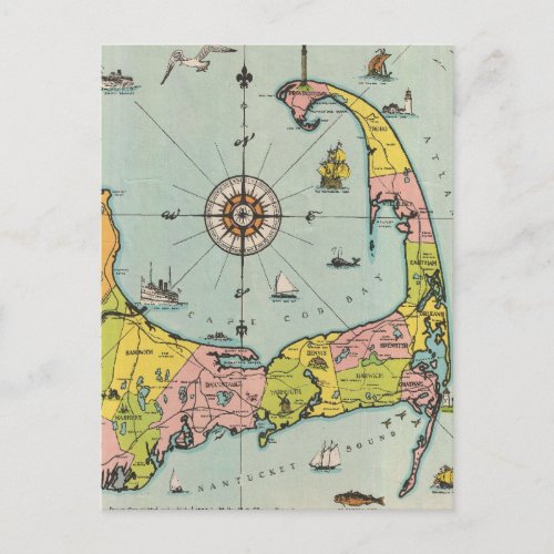 Vintage Map of Cape Cod Postcard