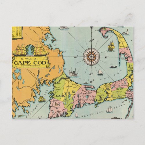 Vintage Map of Cape Cod Postcard