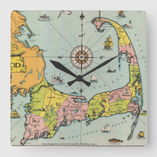 Vintage Map of Cape Cod Square Wall Clock