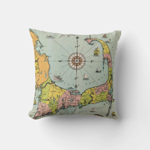 Vintage Map of Cape Cod Throw Pillow