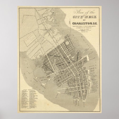 Vintage Map of Charleston South Carolina 1844 Poster
