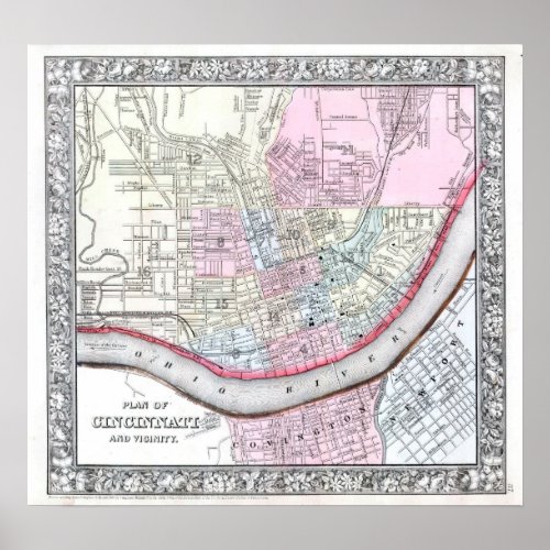 Vintage Map of Cincinnati 1864 Poster
