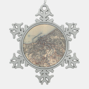 Vintage Map of Cleveland (1904) Snowflake Pewter Christmas Ornament
