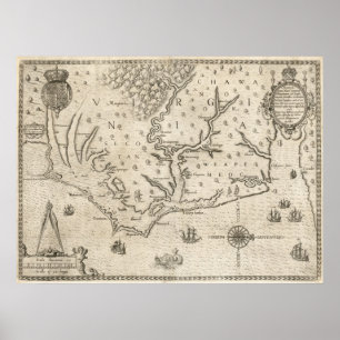 Vintage Map of Coastal North Carolina (1590) Poster