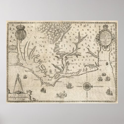 Vintage Map of Coastal North Carolina 1590 Poster