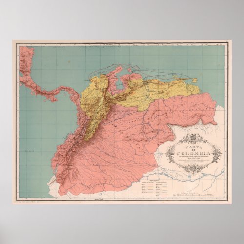 Vintage Map of Colombia 1890 Poster