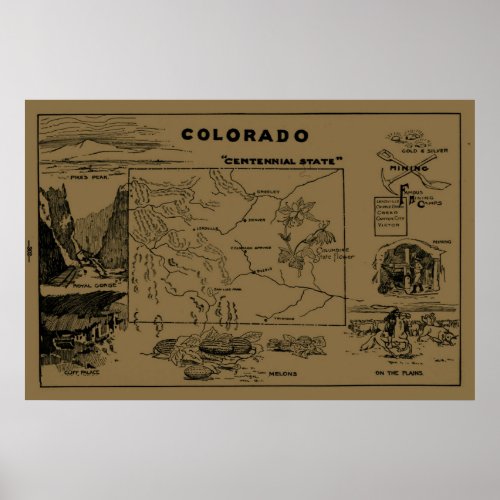 Vintage Map of Colorado 1912 _ Tan Poster