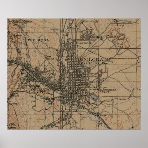 Vintage Map of Colorado Springs CO 1907 Poster