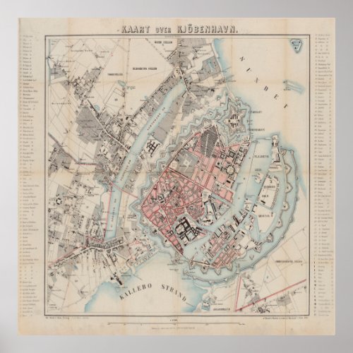 Vintage Map of Copenhagen Denmark 1860 Poster