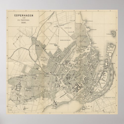 Vintage Map of Copenhagen Denmark 1886 Poster