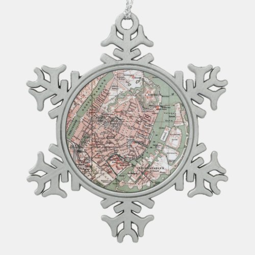 Vintage Map of Copenhagen Denmark 1888 Snowflake Pewter Christmas Ornament