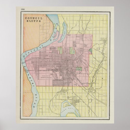 Vintage Map of Council Bluffs IA 1901 Poster