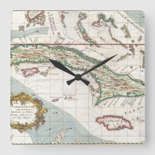 Vintage Map of Cuba and Jamaica 1763 Square Wall Clock