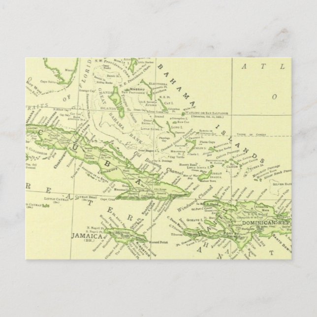 Vintage Map of Cuba, Caribbean Islands & Bahamas Postcard (Front)
