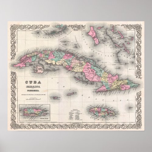 Vintage map of Cuba Jamaica Puerto Rico Poster