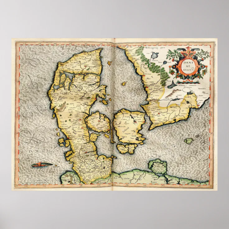 Vintage Map of Denmark (1596) Poster Zazzle