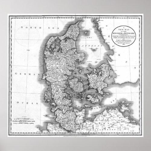 Vintage Map of Denmark 1801 BW Poster