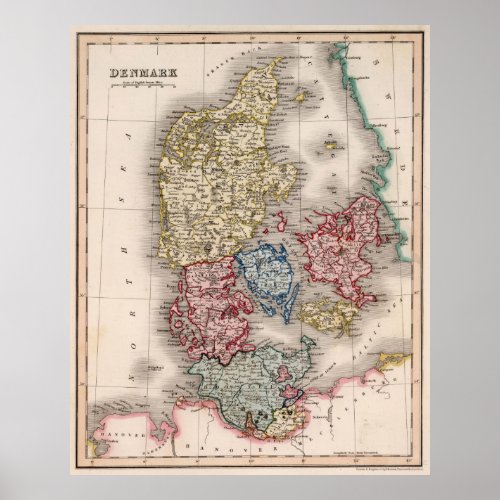 Vintage Map of Denmark 1838 Poster