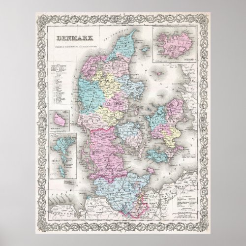 Vintage Map of Denmark 1855 Poster