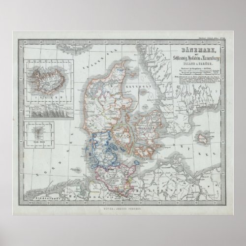Vintage Map of Denmark 1862 Poster