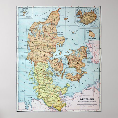 Vintage Map of Denmark 1905 Poster