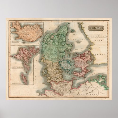 Vintage Map of Denmark  Iceland 1817 Poster