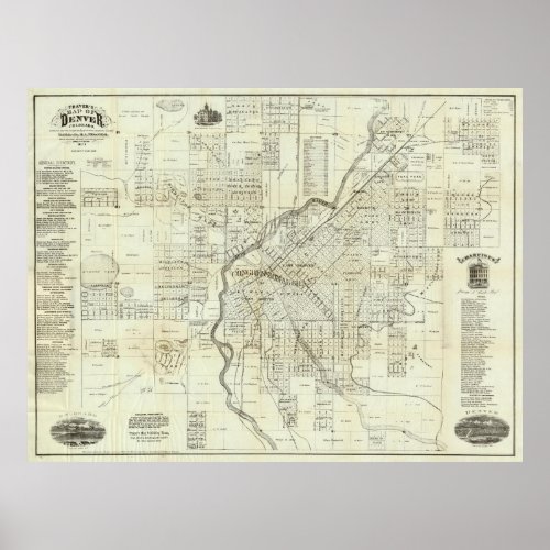 Vintage Map of Denver CO 1879 Poster