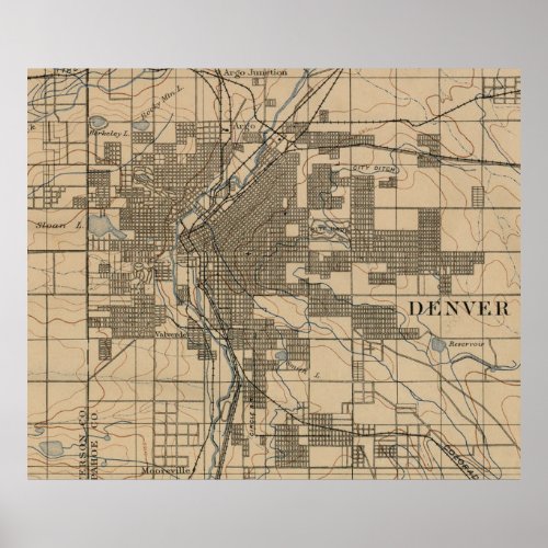 Vintage Map of Denver Colorado 1888 Poster