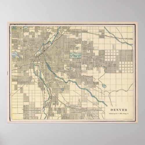 Vintage Map of Denver Colorado 1901 Poster