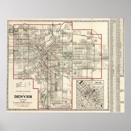 Vintage Map of Denver Colorado 1920 Poster
