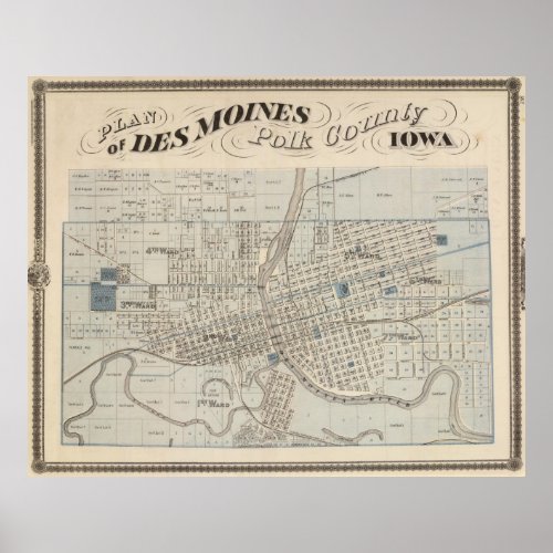 Vintage Map of Des Moines IA 1875 Poster
