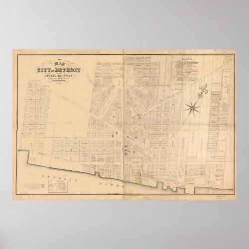 Vintage Map of Detroit MI 1835 Poster
