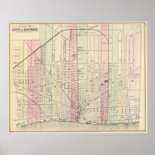 Vintage Map of Detroit Michigan 1886 Poster