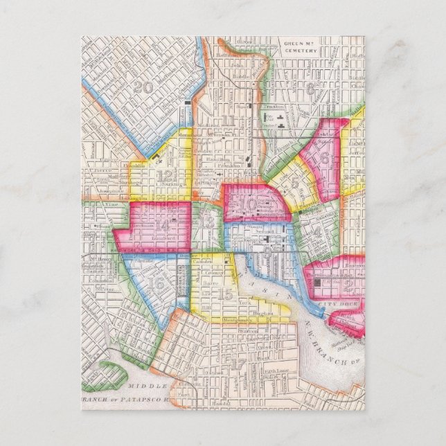 Vintage Map of Downtown Baltimore (1860) Postcard (Front)