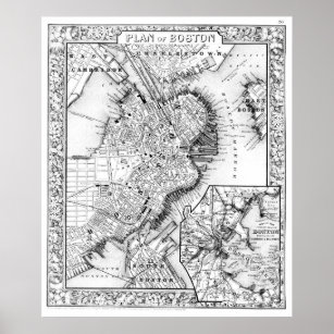 Vintage Map of Downtown Boston (1864) BW Poster