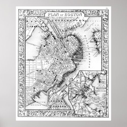Vintage Map of Downtown Boston 1864 BW Poster