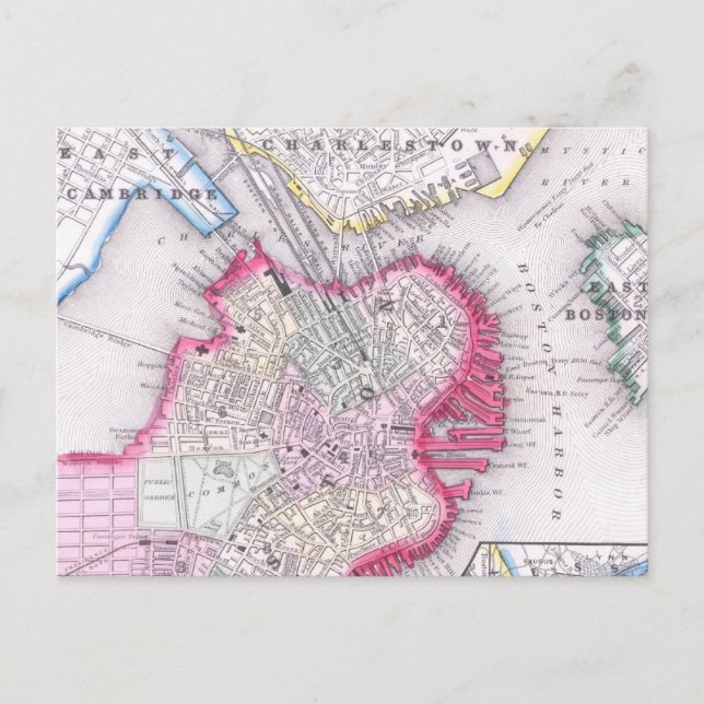 Vintage Map of Downtown Boston (1864) Postcard (Front)