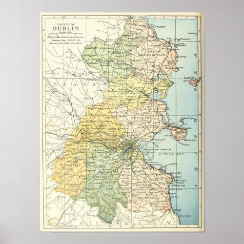 Vintage Map of Dublin and Surrounding Areas 1900 Poster