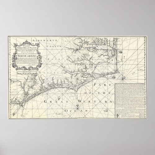 Vintage Map of Eastern North Carolina 1738 Poster