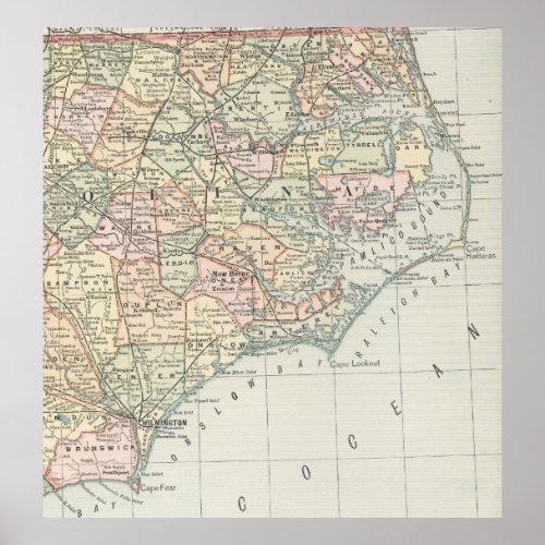 Vintage Map of Eastern North Carolina 1891 Poster