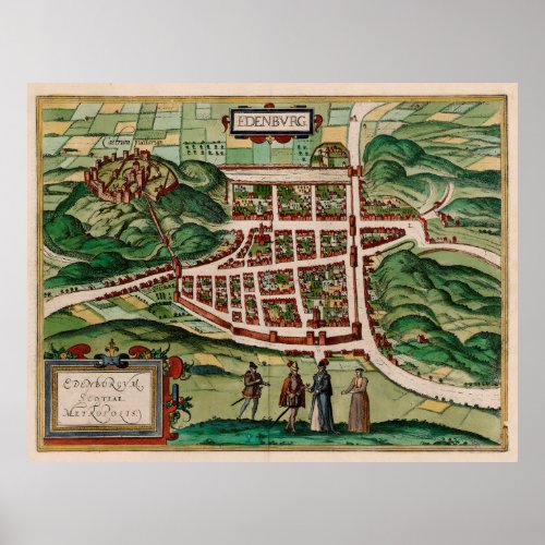 Vintage Map of Edinburgh Scotland 1580 Poster