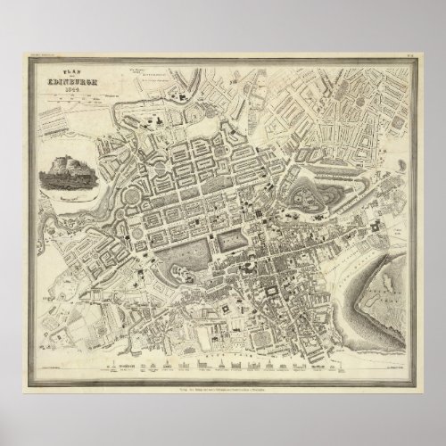 Vintage Map of Edinburgh Scotland 1844 Poster