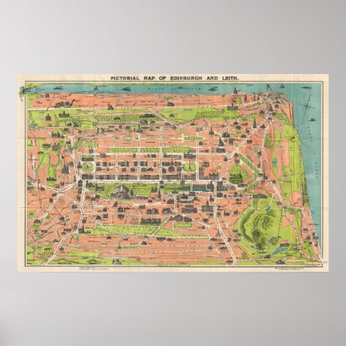 Vintage Map of Edinburgh Scotland 1935 Poster