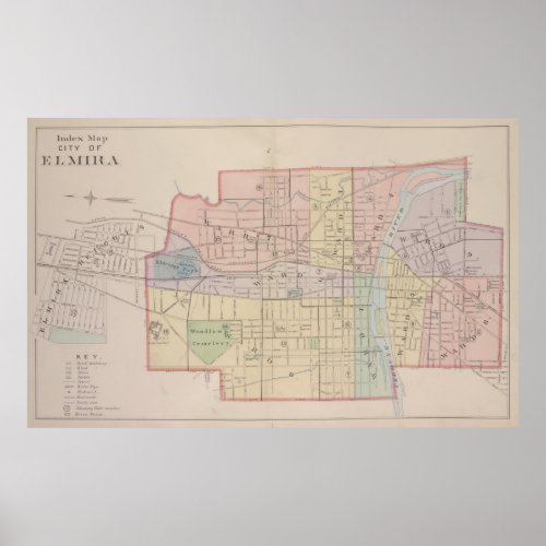 Vintage Map of Elmira New York 1896 Poster