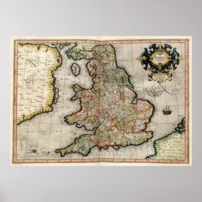 Vintage Map of England (1596) Poster (Front)