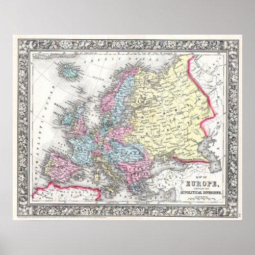 Vintage Map of Europe 1860 Poster