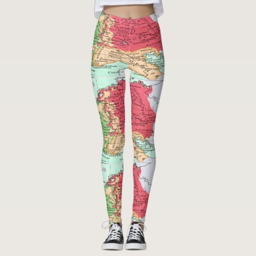 Vintage map of Europe Pattern in Coral and Mint Leggings