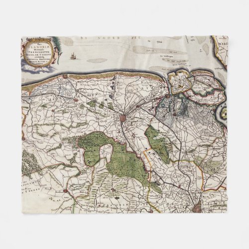 Vintage Map of Flanders Belgium 17th Century Fleece Blanket
