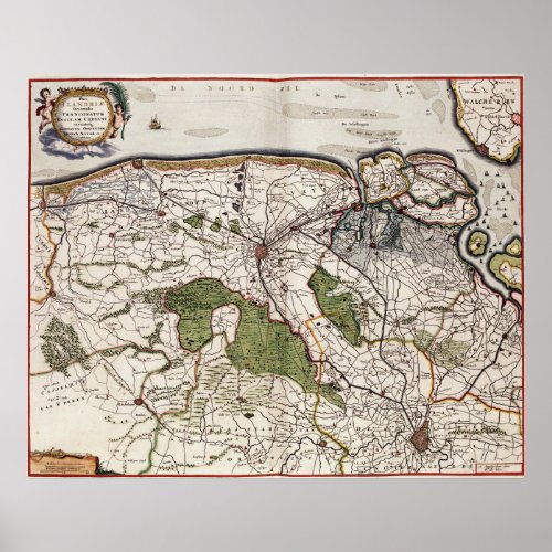 Vintage Map of Flanders Belgium 17th Century Poster